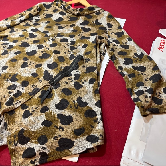 IC Connie K 1X COWL neck KNIT SWEATER olive Gray Black SPOTS Asymmetrical Hem 1X - Picture 6 of 16